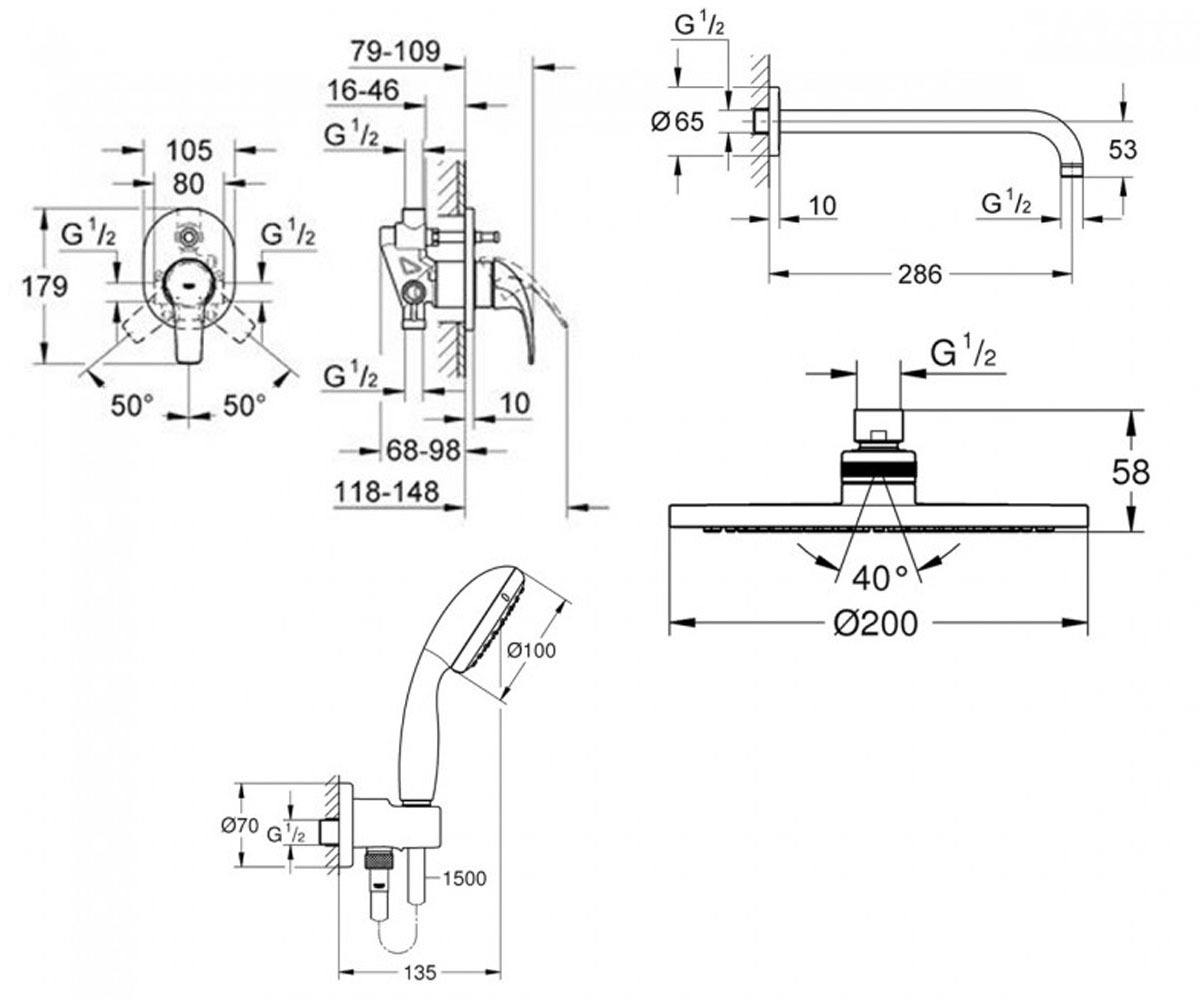 Душевая система  BAU CURVE UA290430UR:Чертеж 