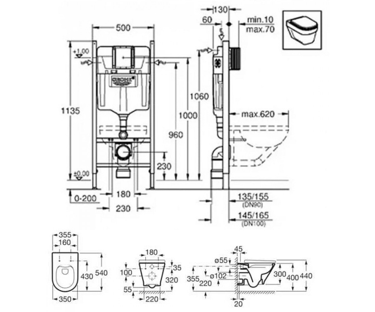 Унитаз с инсталляцией  RAPID SL UA388400WG+A34H0N8000:Чертеж 