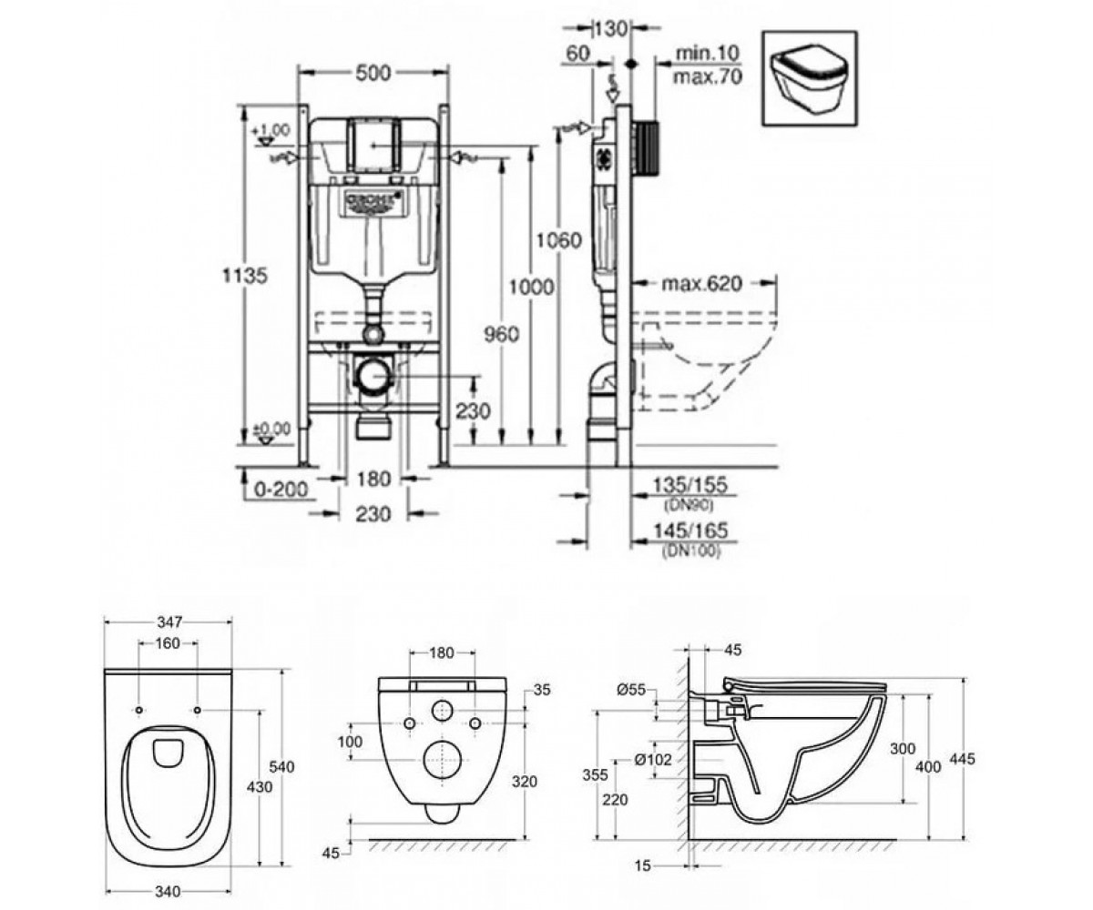 Унитаз с инсталляцией  RAPID SL UA388400WG+A34H139000:Чертеж 
