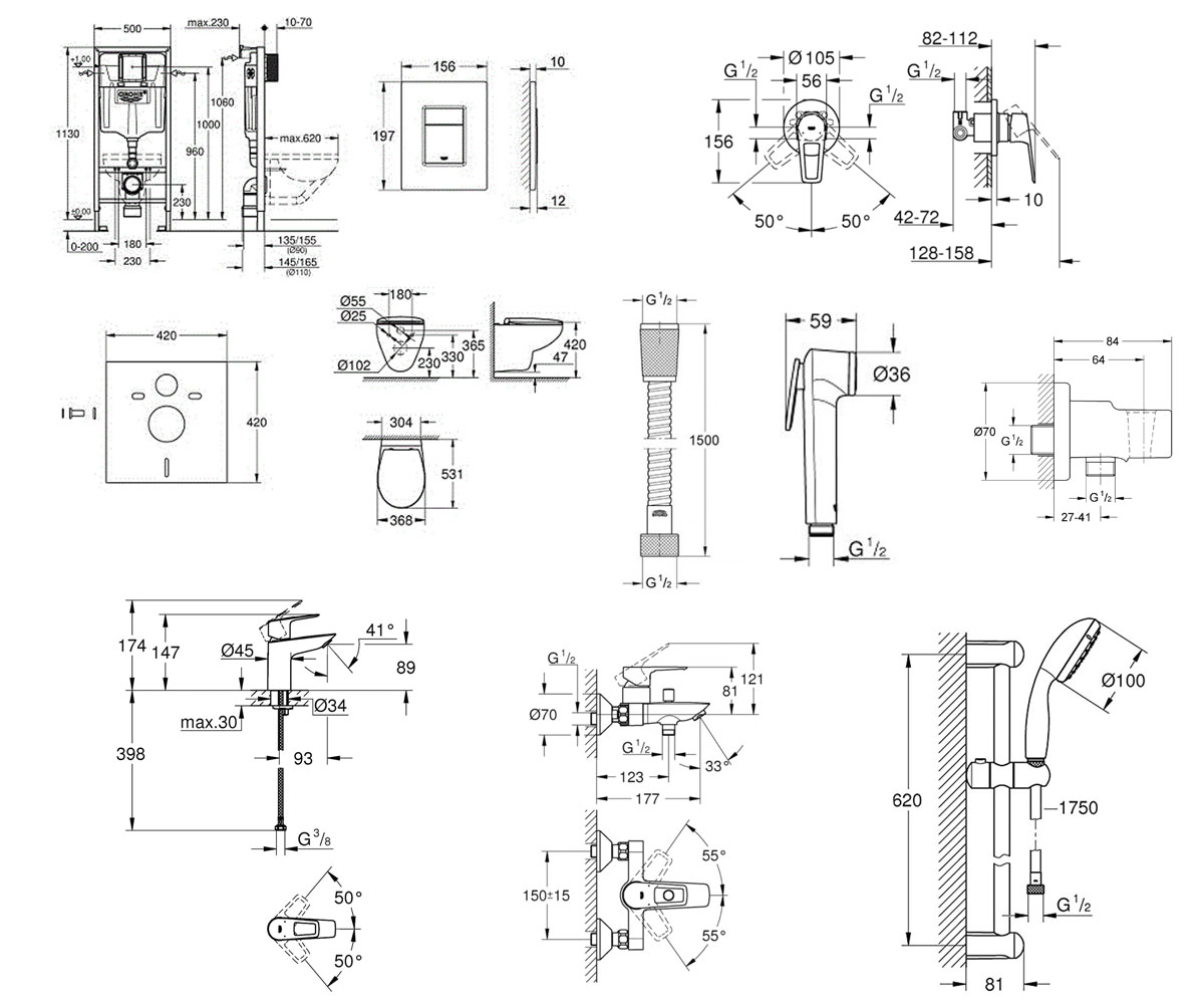 Набор для ванной 12 в 1  BAU CERAMIC UA39586MB0:Чертеж 