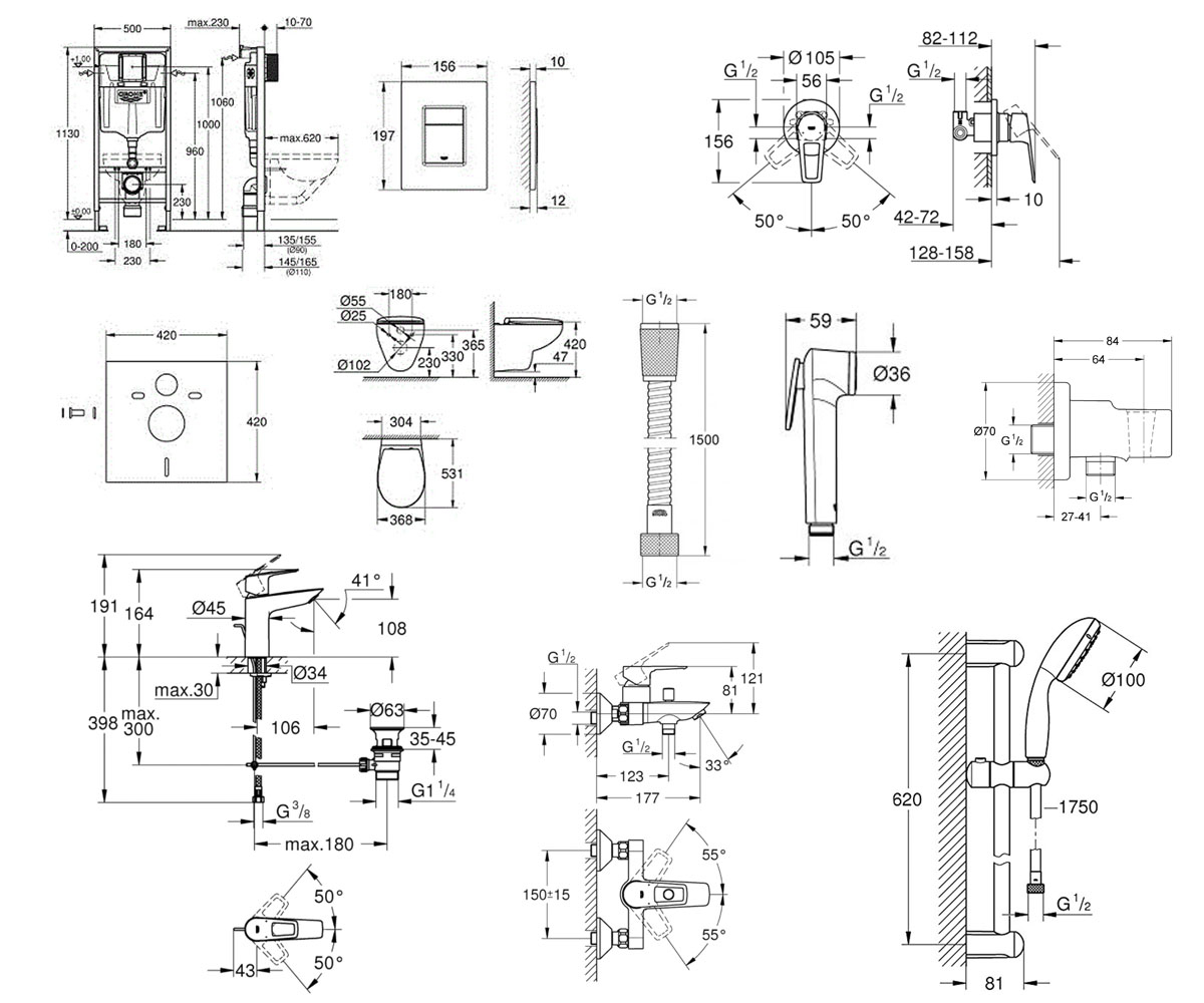 Набор для ванной 12 в 1  BAU CERAMIC UA39587MB1:Чертеж 