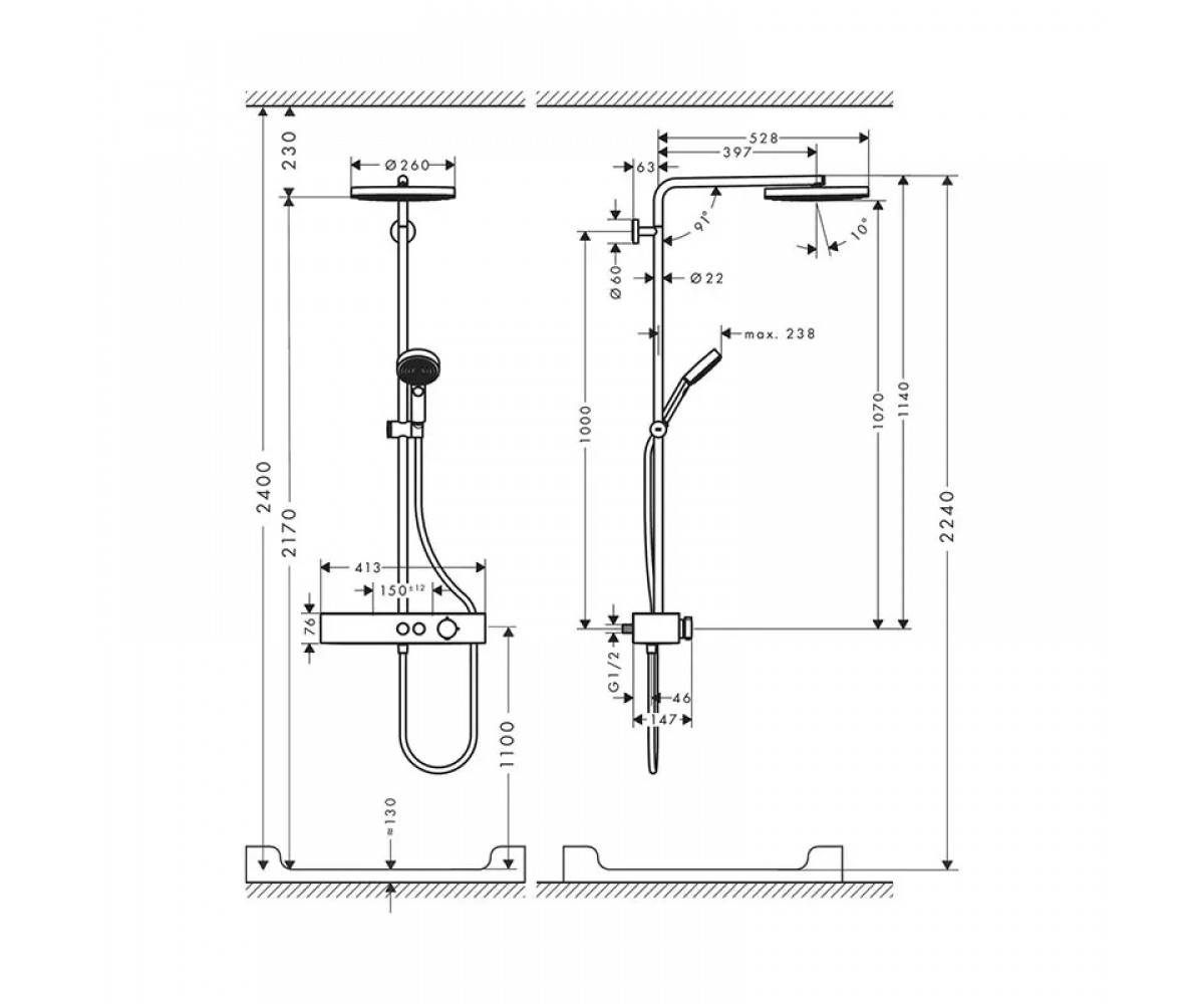 Душевая система  PULSIFY SHOWERPIPE 260 24220670:Чертеж 