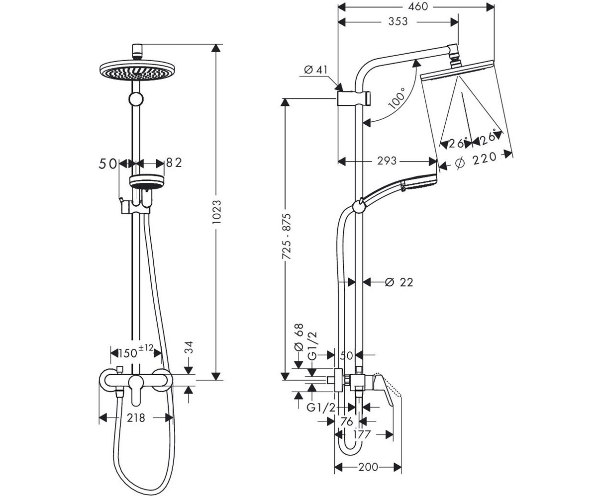 Душевая система  SHOWERPIPE VERSO 27232000:Чертеж 