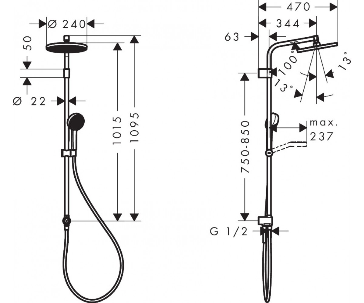 ACTIVERA S 240 1jet Showerpipe Reno душова система EcoSmart, хром  28074000:Чертеж 