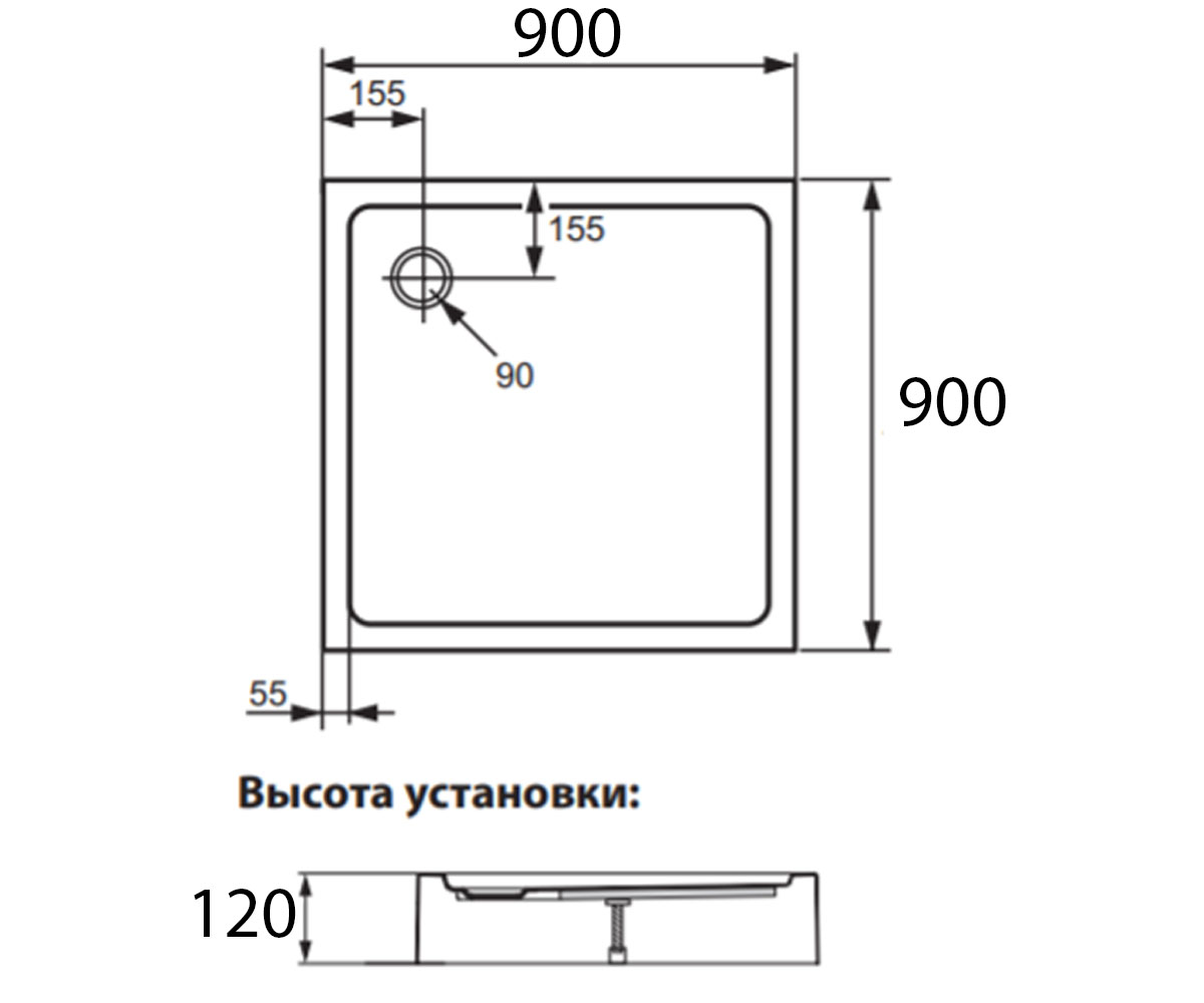 Поддон квадратный 90х90 см  XERANO 840702.055:Чертеж 