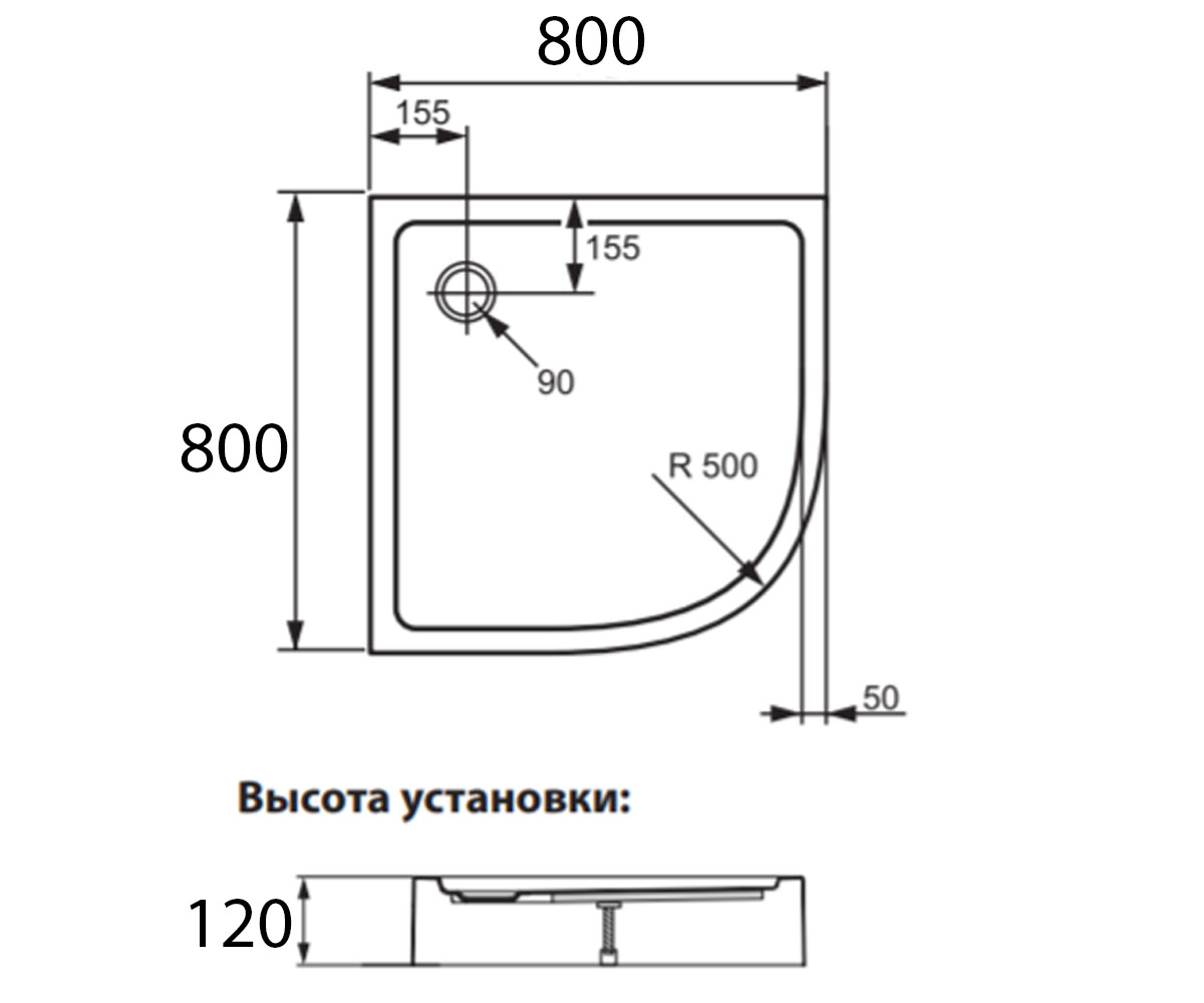 Поддон угловой 80х80 см  XERANO 840801.055:Чертеж 