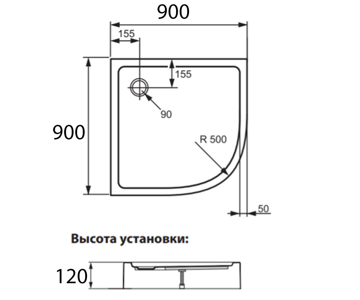 Поддон угловой 90х90 см  XERANO 840802.055:Чертеж 