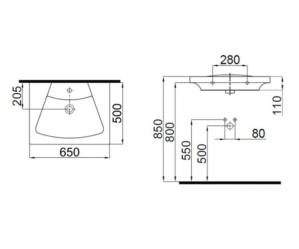 Раковина прямоугольная  VEGA 2801-0505-07:Чертеж 
