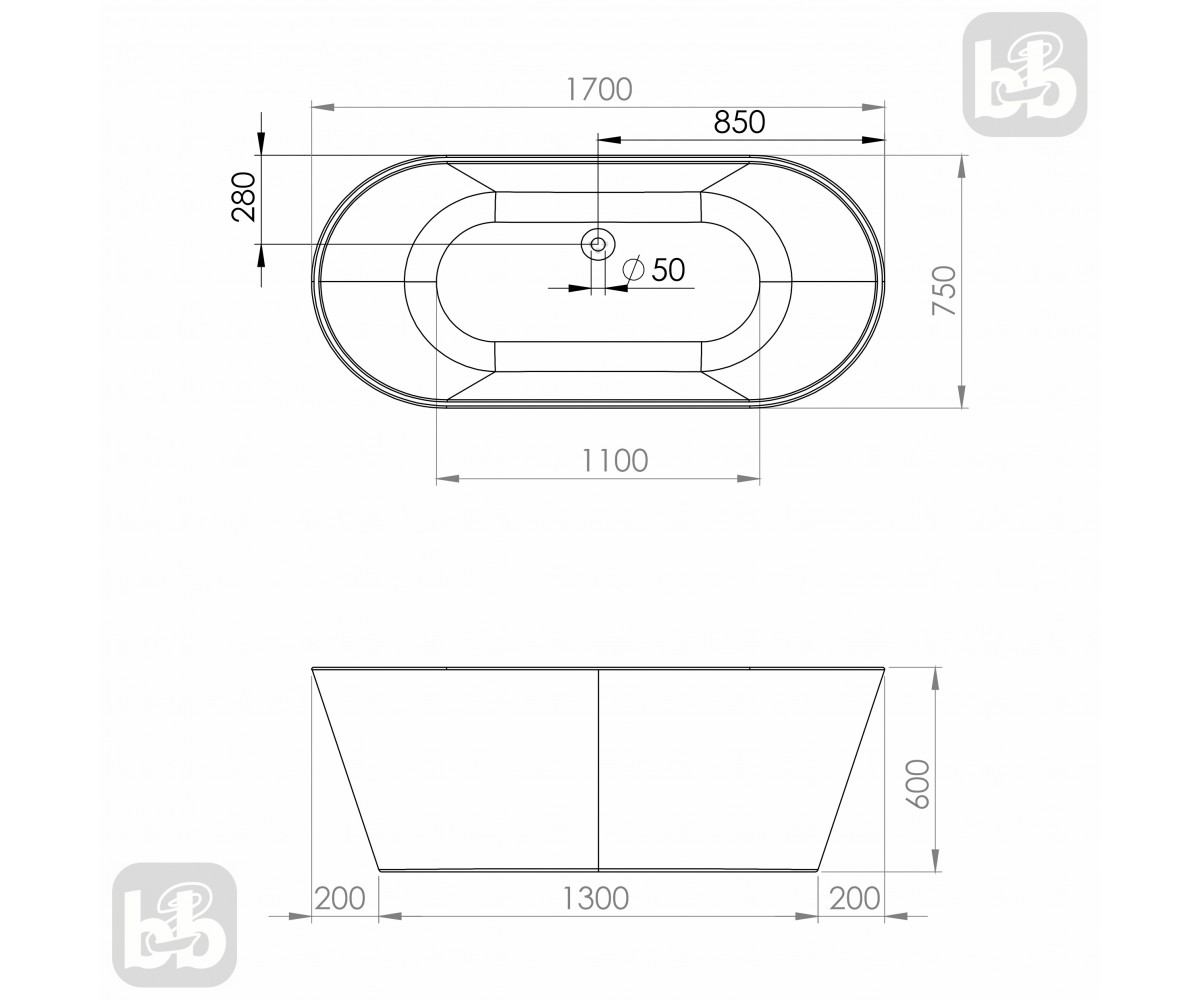 Отдельностоящая ванна  BERTHE170:Чертеж 