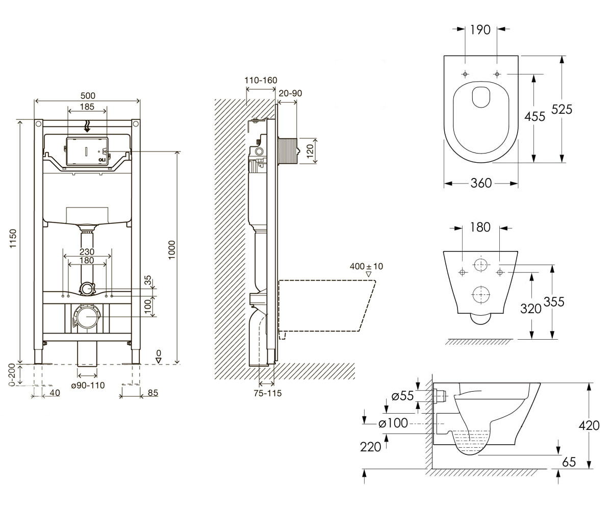 Унитаз с инсталляцией  LEDNICE C06807900+I8120:Чертеж 