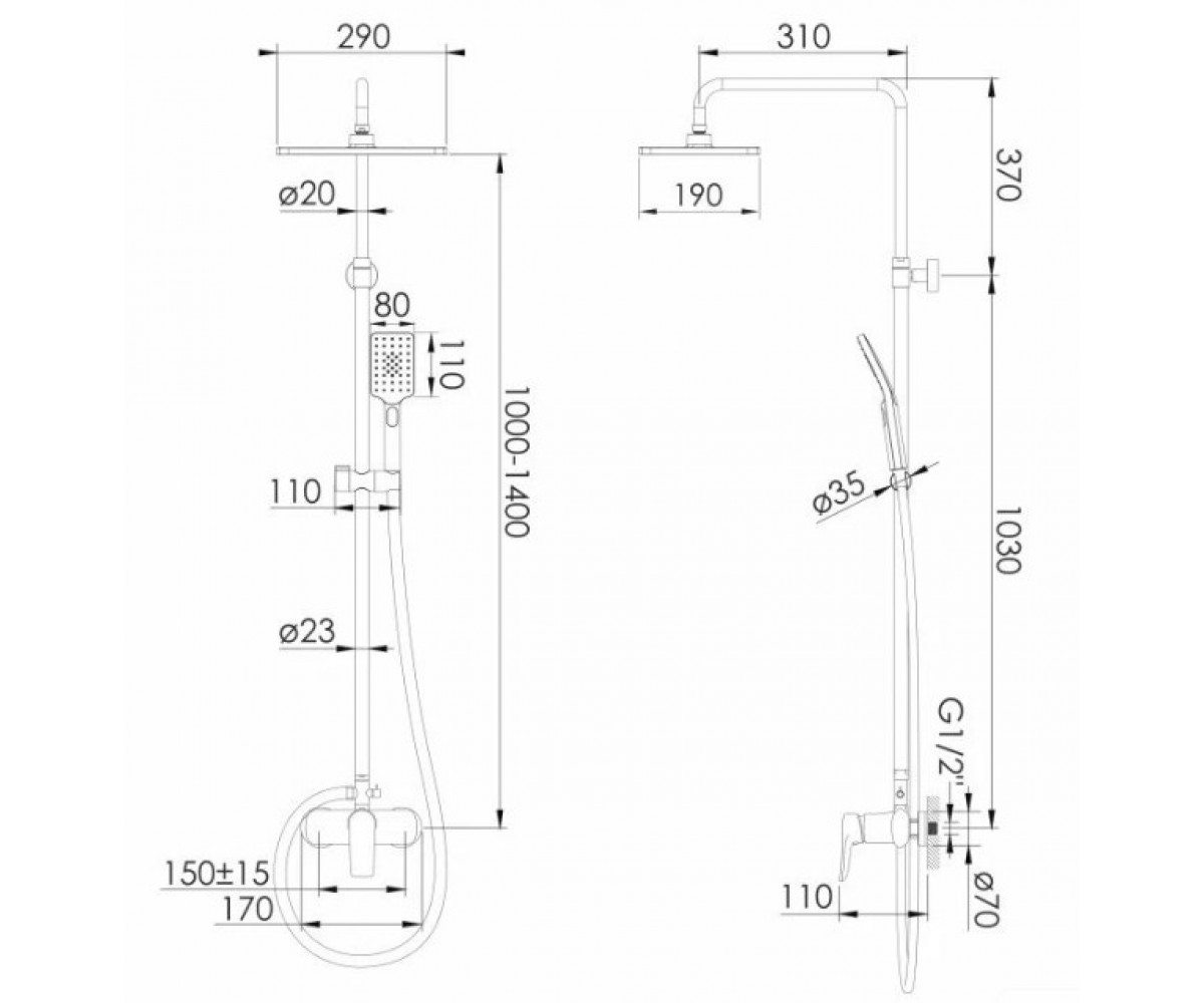 Душевая система  MODUS F03008201SS:Чертеж 