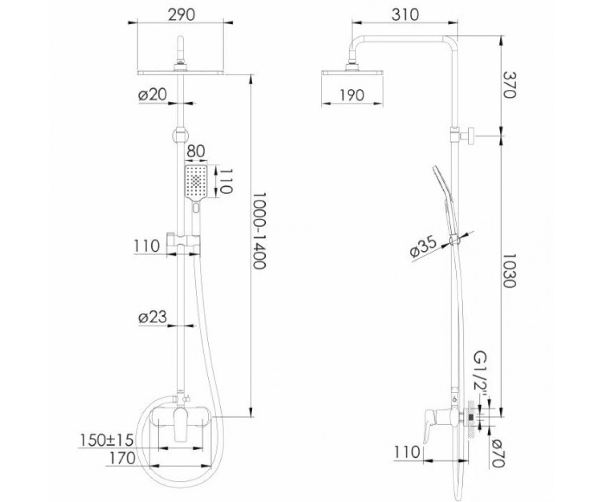 Душевая система  MODUS F03008210SS:Чертеж 