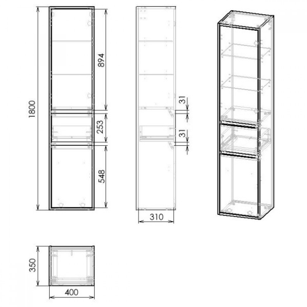 Пенал распашной в ванную  BILOVEC F3263DR:Чертеж 