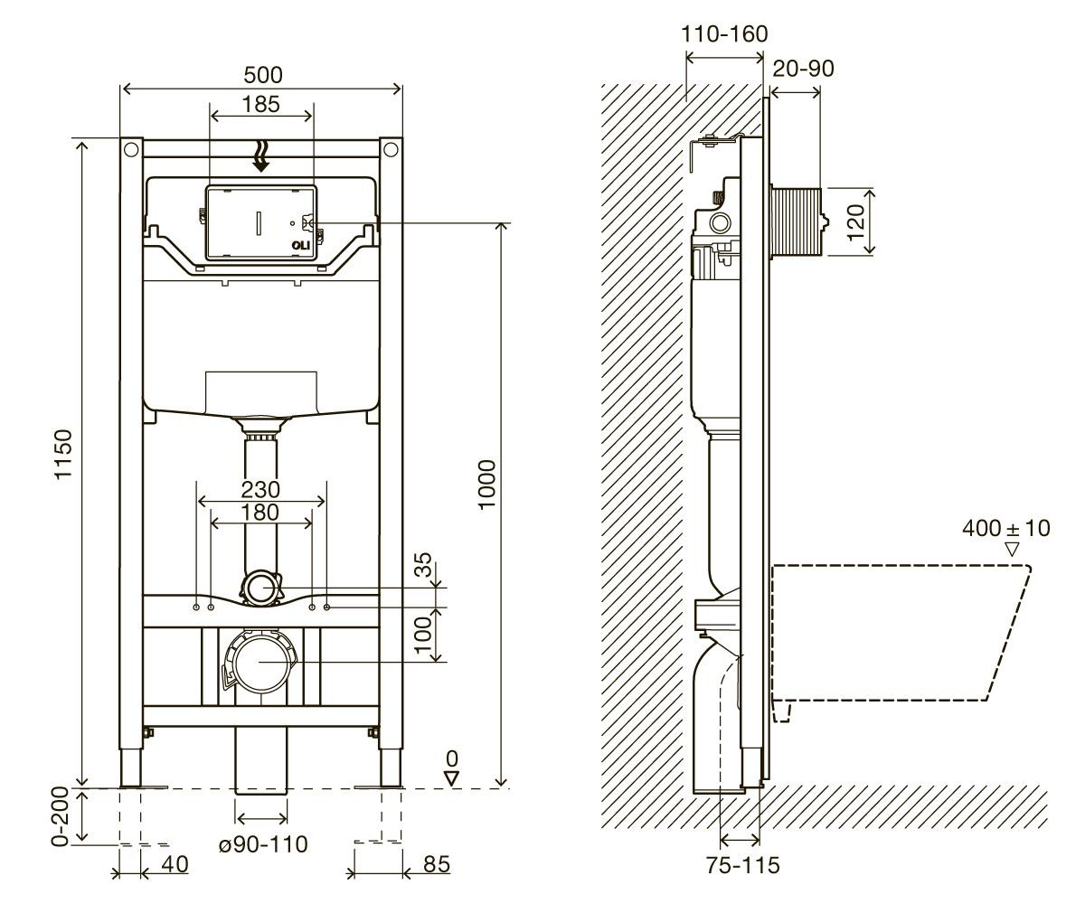 Унитаз с инсталляцией 3 в 1  KAMPA I1109+I8120:Чертеж 