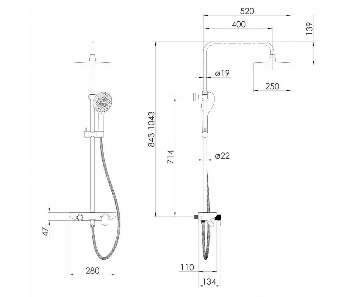 Душевая система со смесителем  MODUS D T030B08201SQ:Чертеж 