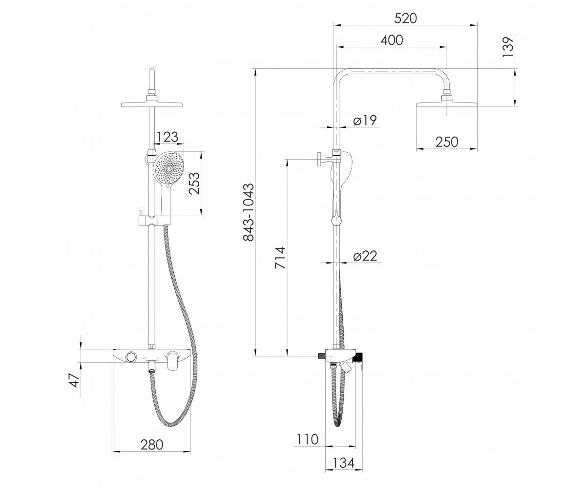 Душевая система со смесителем  MODUS D T030B08210SQ:Чертеж 
