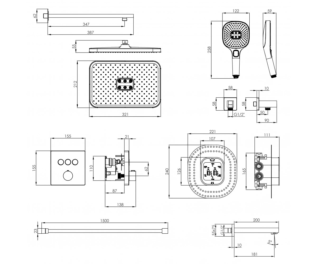 Душевая система 3 потребителя  BILOVEC CLICK T04800910SBC:Чертеж 