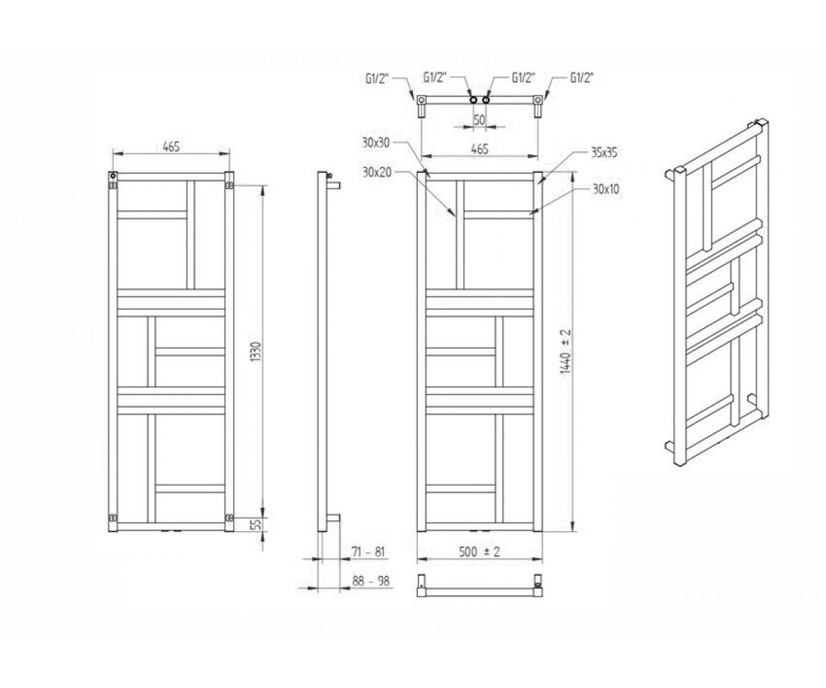 Полотенцесушитель  MONDRIAN MON-50/140D50 C12:Чертеж 