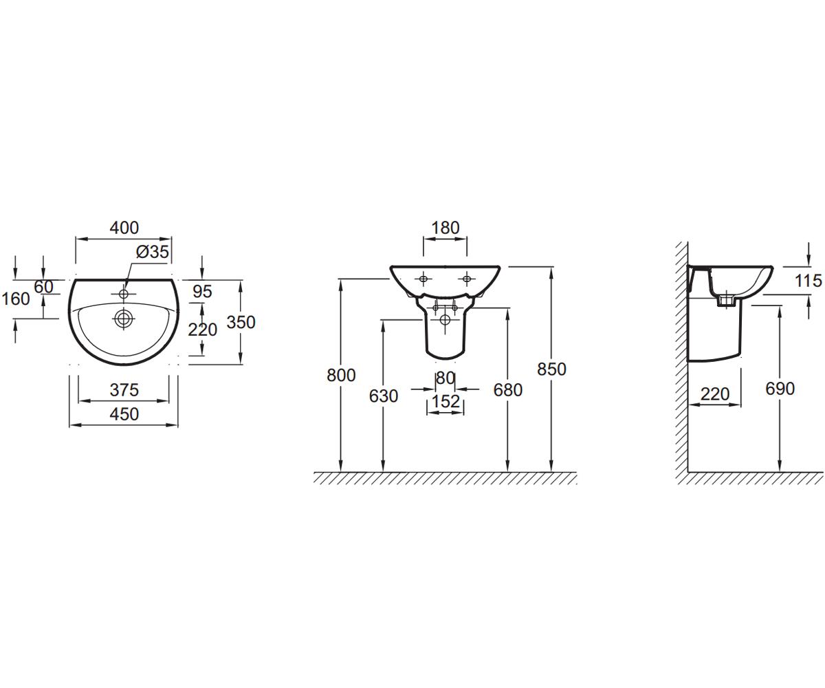 Керамическая раковина  PATIO E4152-00:Чертеж 