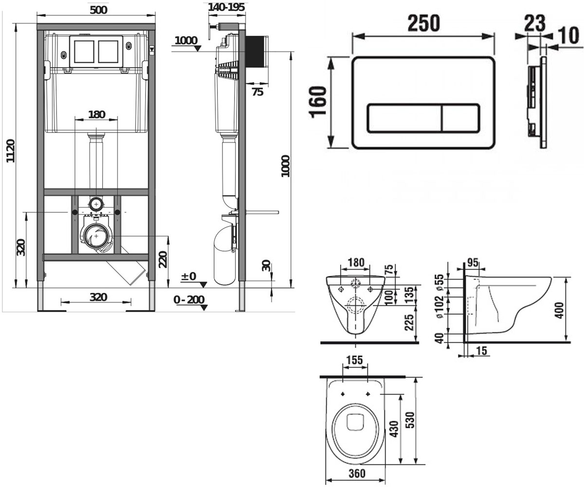 Унитаз с инсталляцией 4 в 1  LYRA PLUS H38891:Чертеж 