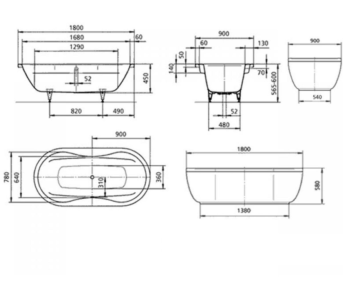 Отдельностоящая ванна 1800 мм  MEGA DUO OVAL 223800013001:Чертеж 