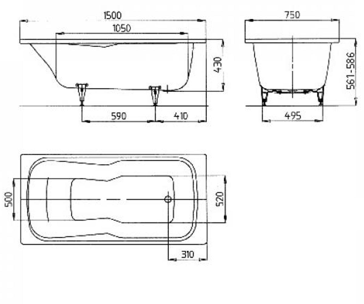 Прямоугольная стальная ванна 1500х750 мм  DYNA SET 226600010001:Чертеж 