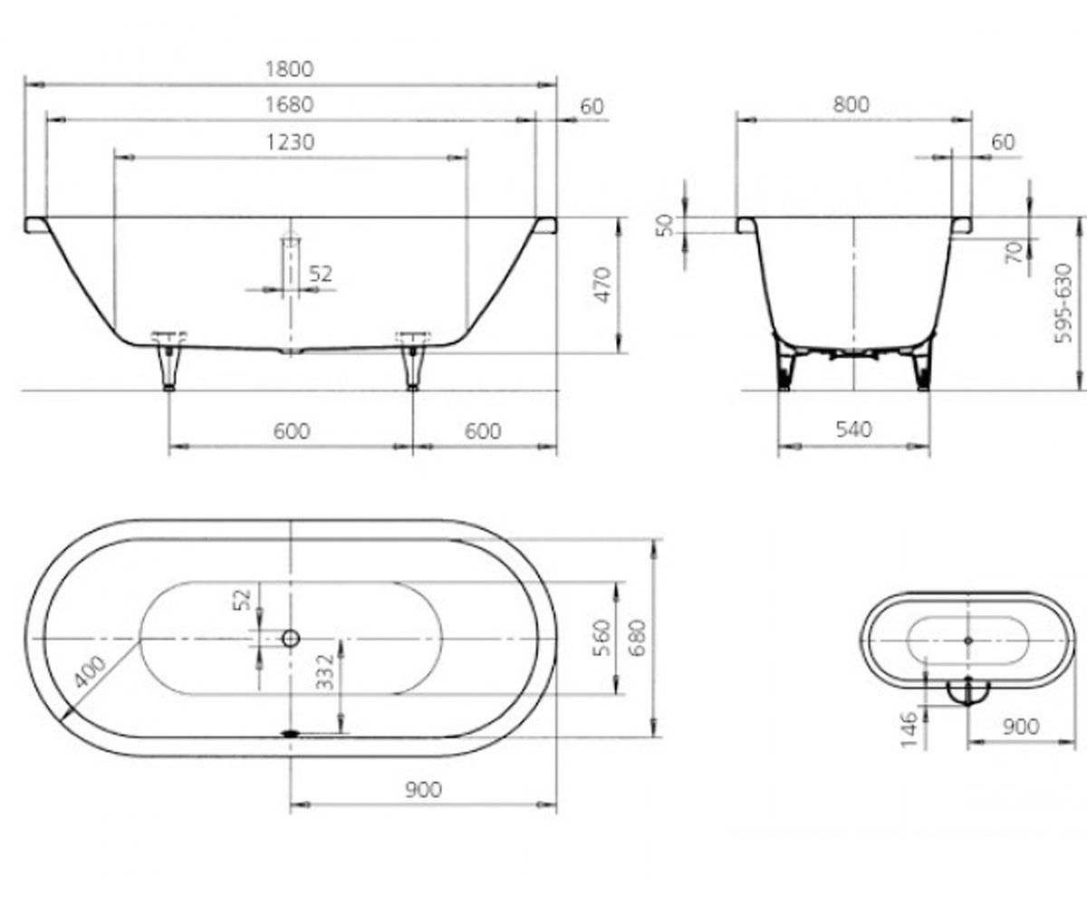 Прямоугольная ванна 1800х800 мм  CENTRO DUO OVAL 282800013001:Чертеж 