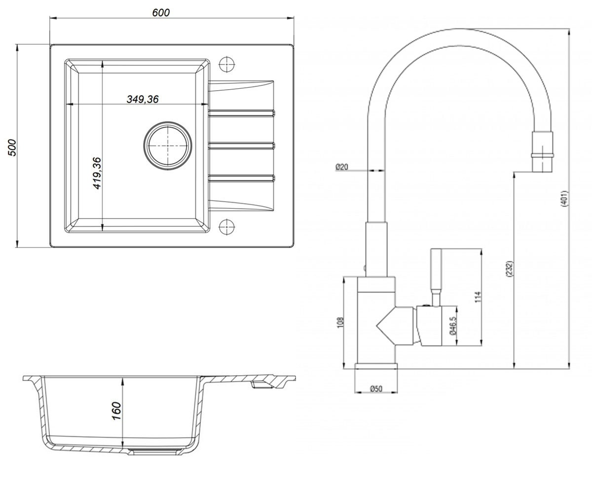 Мойка + смеситель  KGS A 4560 1B1D GRAPHITE + KWT 29:Чертеж 