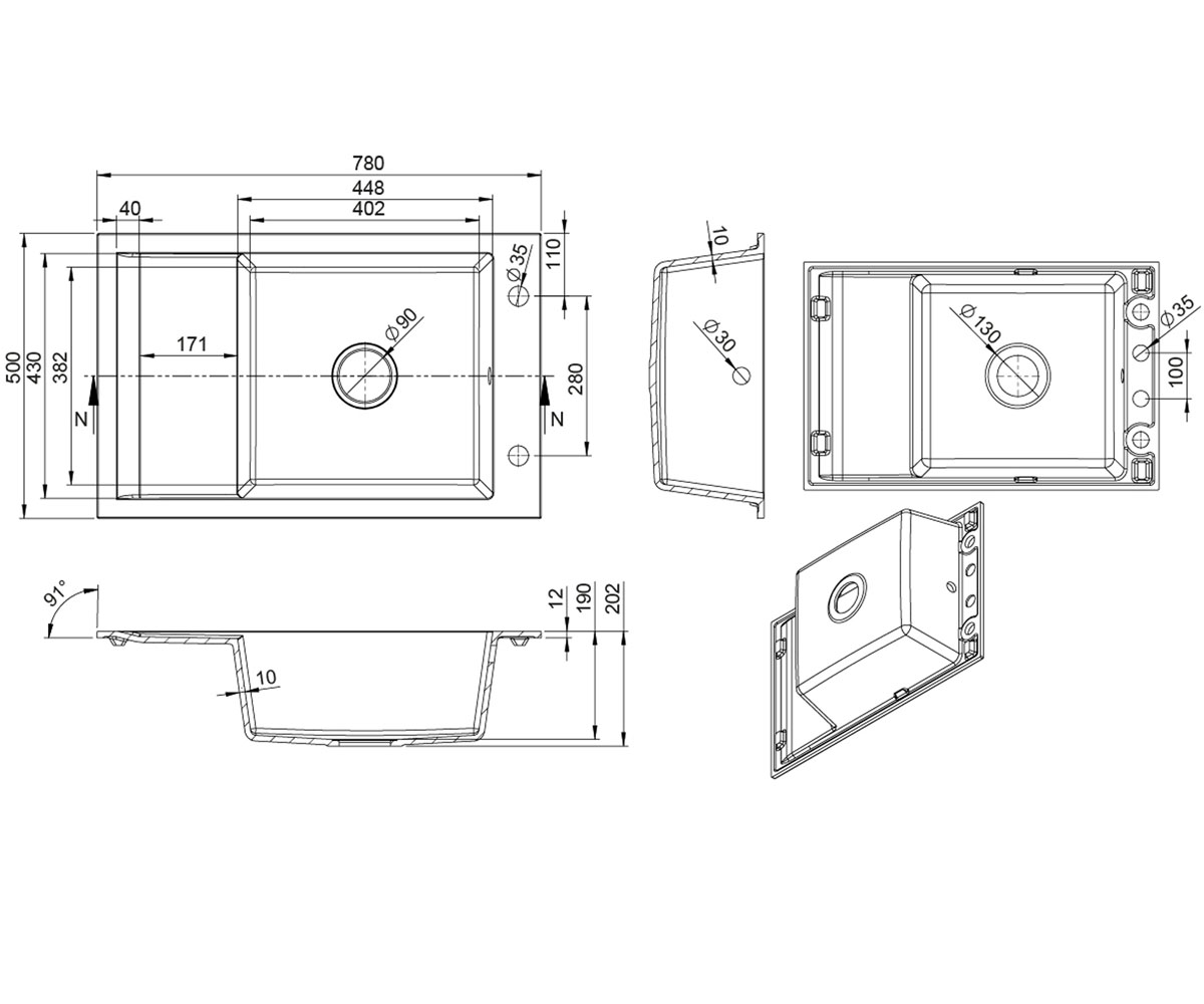 Мойка с крылом  KGS M 6078 1B1D GRAPHITE:Чертеж 