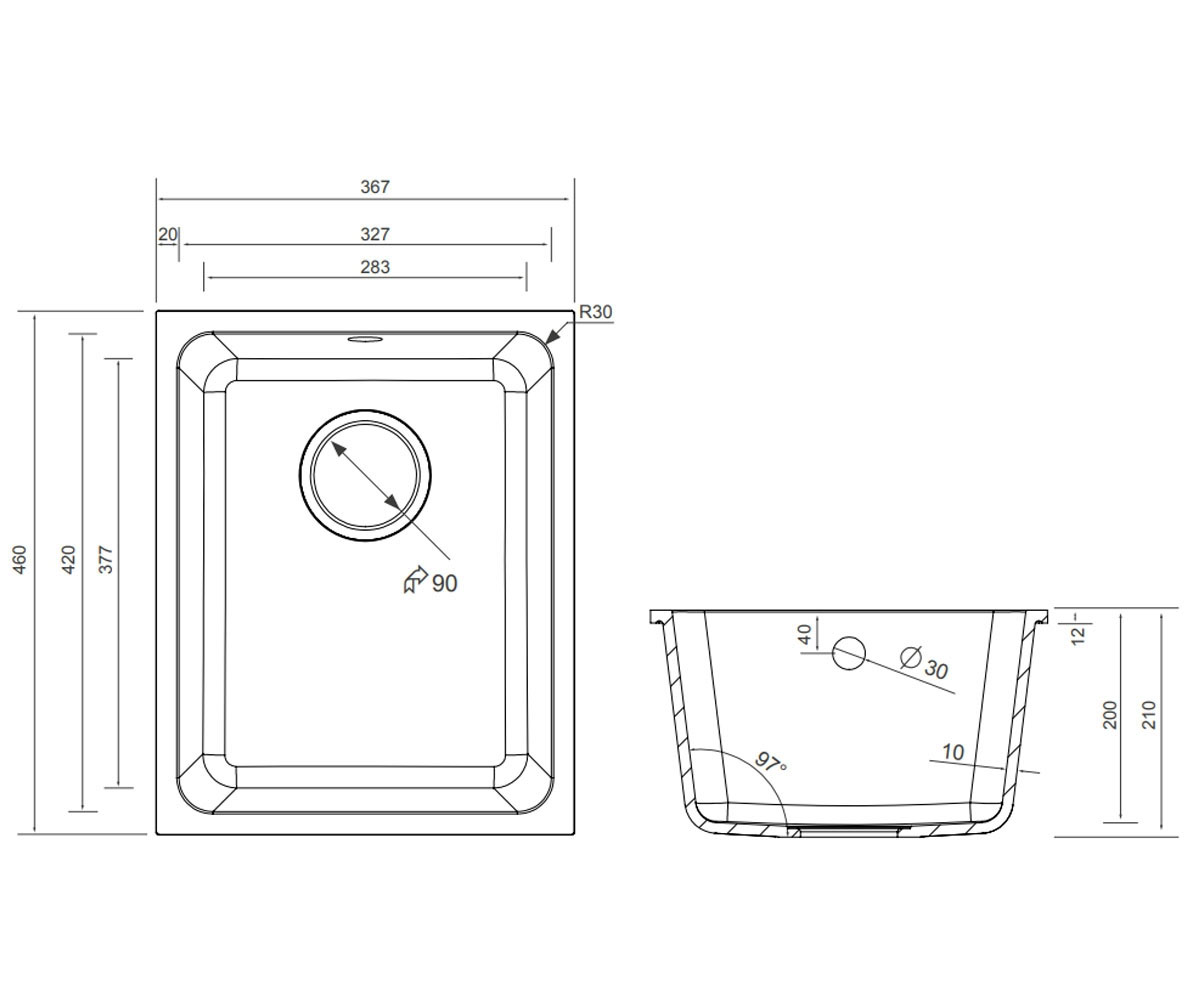 Мойка под столешницу  KGS U 45 1B GRAPHITE:Чертеж 