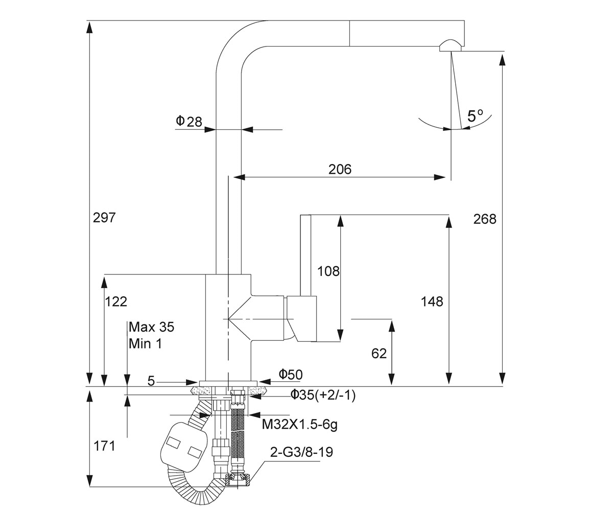 Смеситель с лейкой  KWT 06A PO CHROME:Чертеж 
