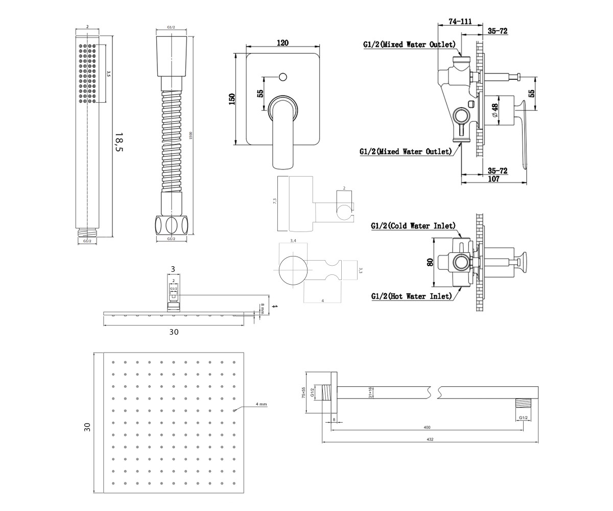 Душевая система KOHLMAN EXPERIENCE 30 GOLD + BOX скрытого монтажа  QW210EGDQ30:Чертеж 
