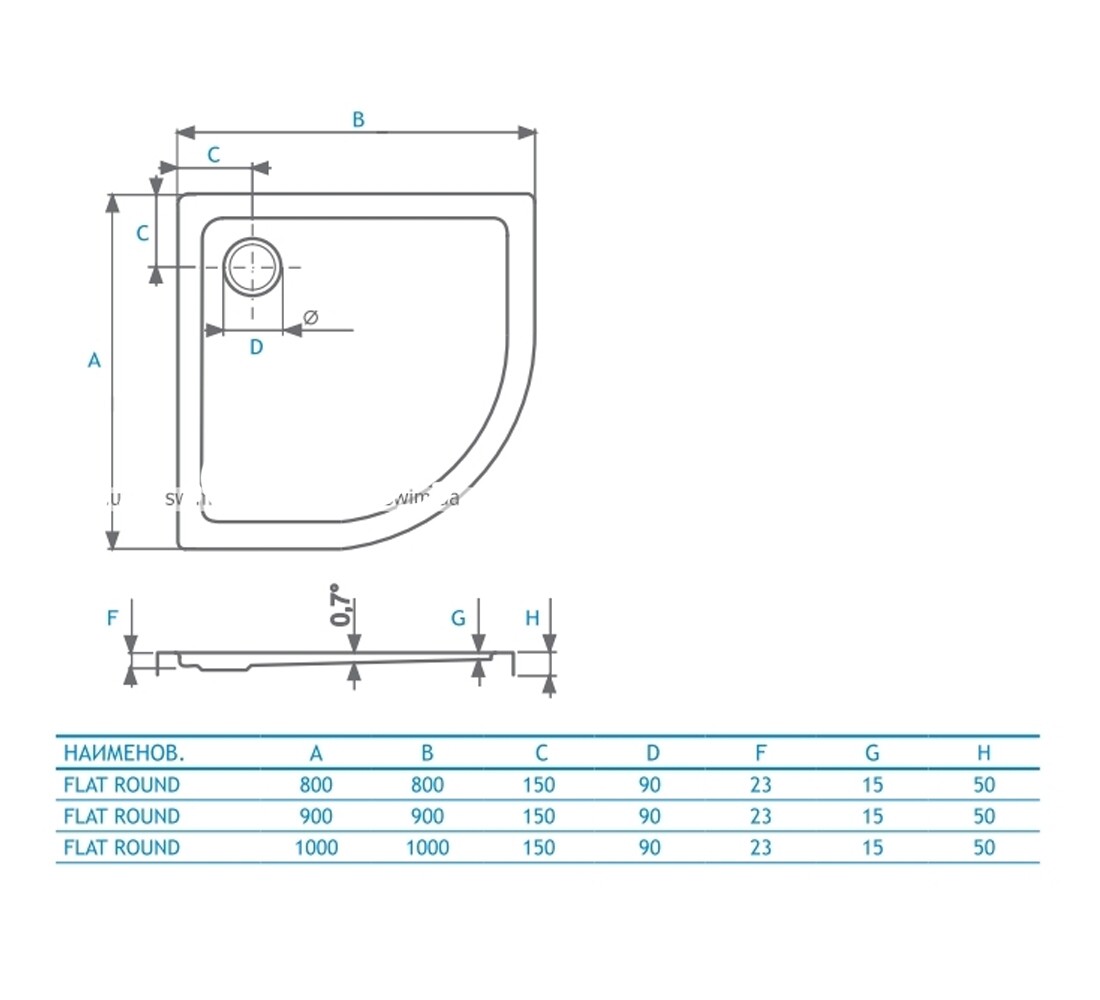Поддон душевой полукруглый 90x90 см  FLAT ROUND 8KP0116:Чертеж 