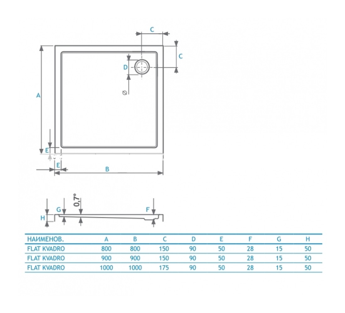 Поддон душевой квадратный 80x80 см  FLAT KVADRO 8KP0118:Чертеж 