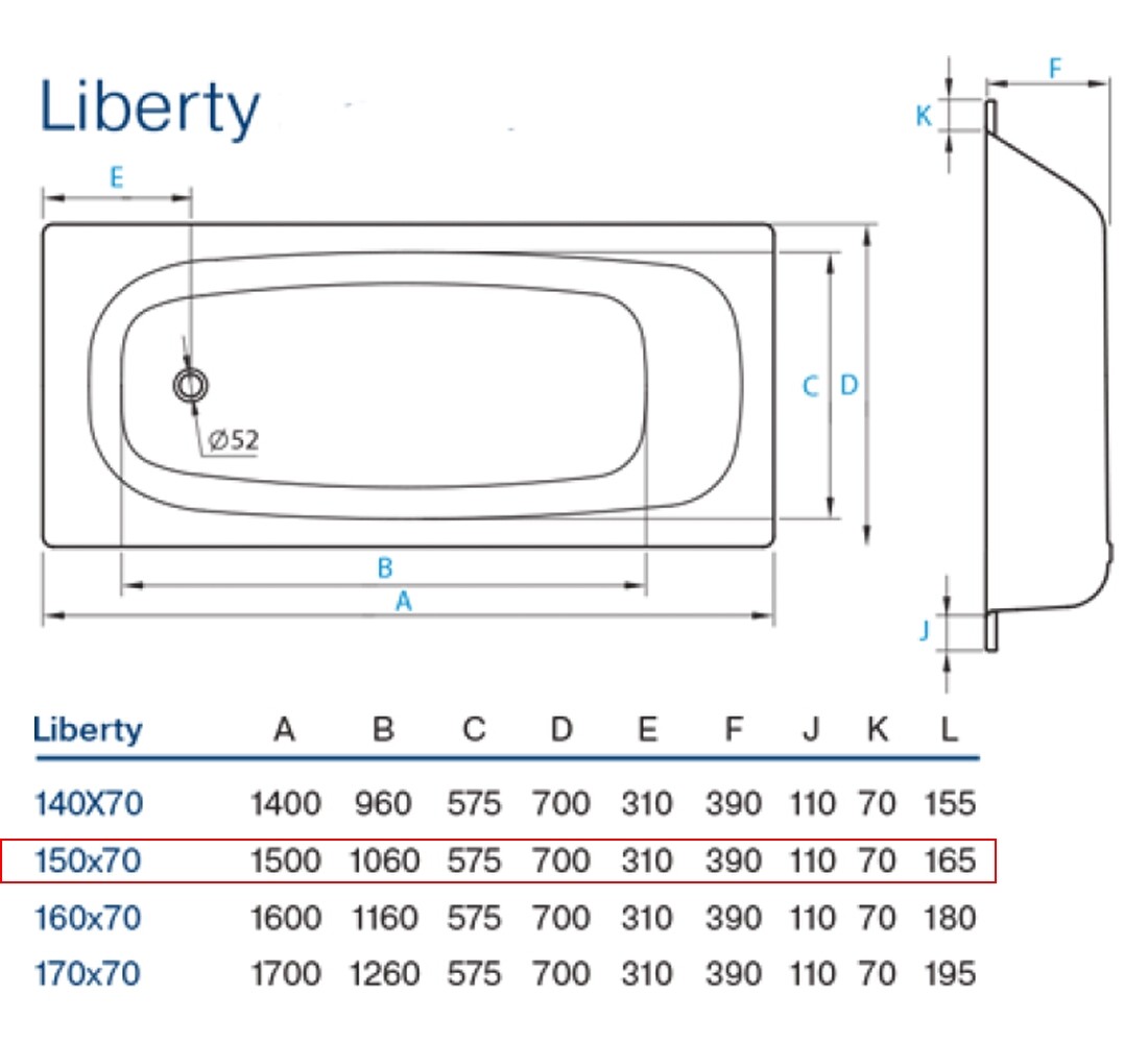 Стальная ванна 150х70 см  LIBERTY B50C2200E:Чертеж 
