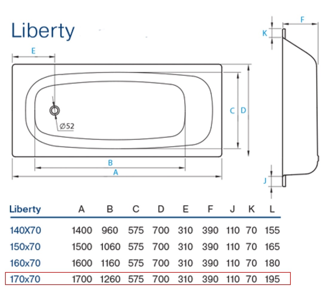 Ванна стальная 170х70  LIBERTY B70C2200E:Чертеж 