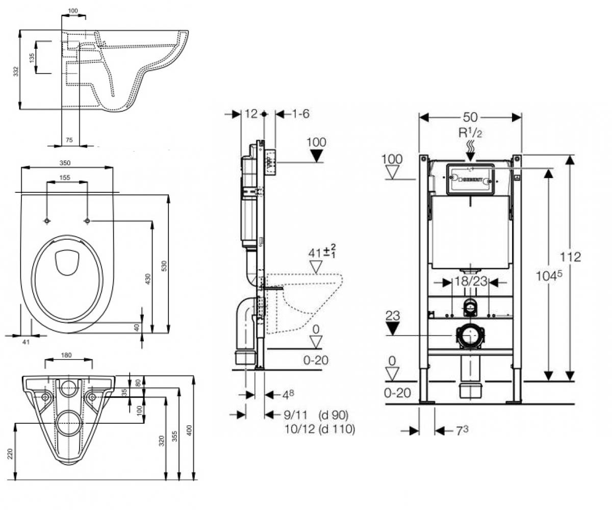 Унитаз с инсталяцией  NOVA PRO M33120000+M30112000+458.126.00.1:Чертеж 