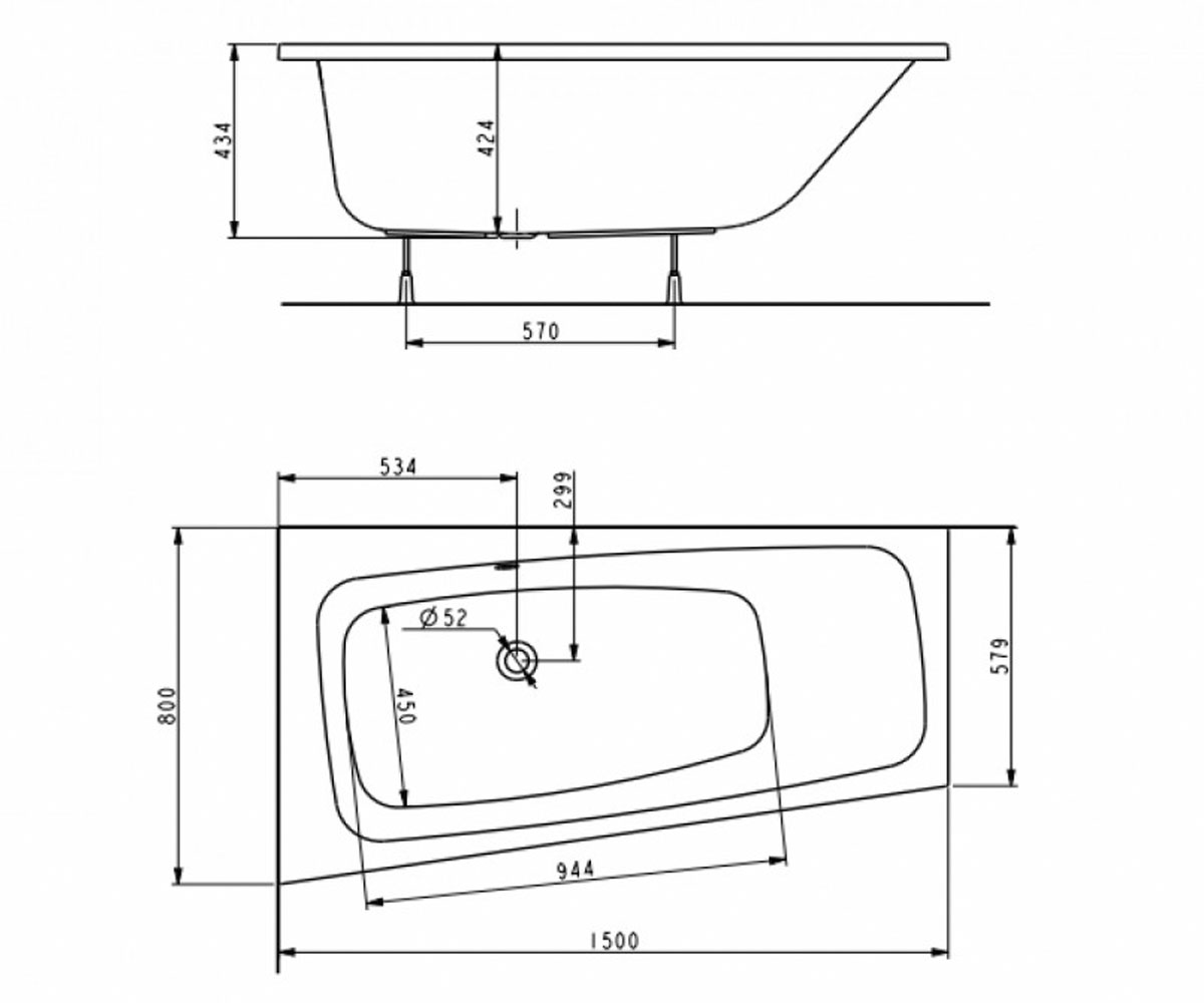 Левосторонняя ванна 150 см  SPLIT XWA1651000:Чертеж 