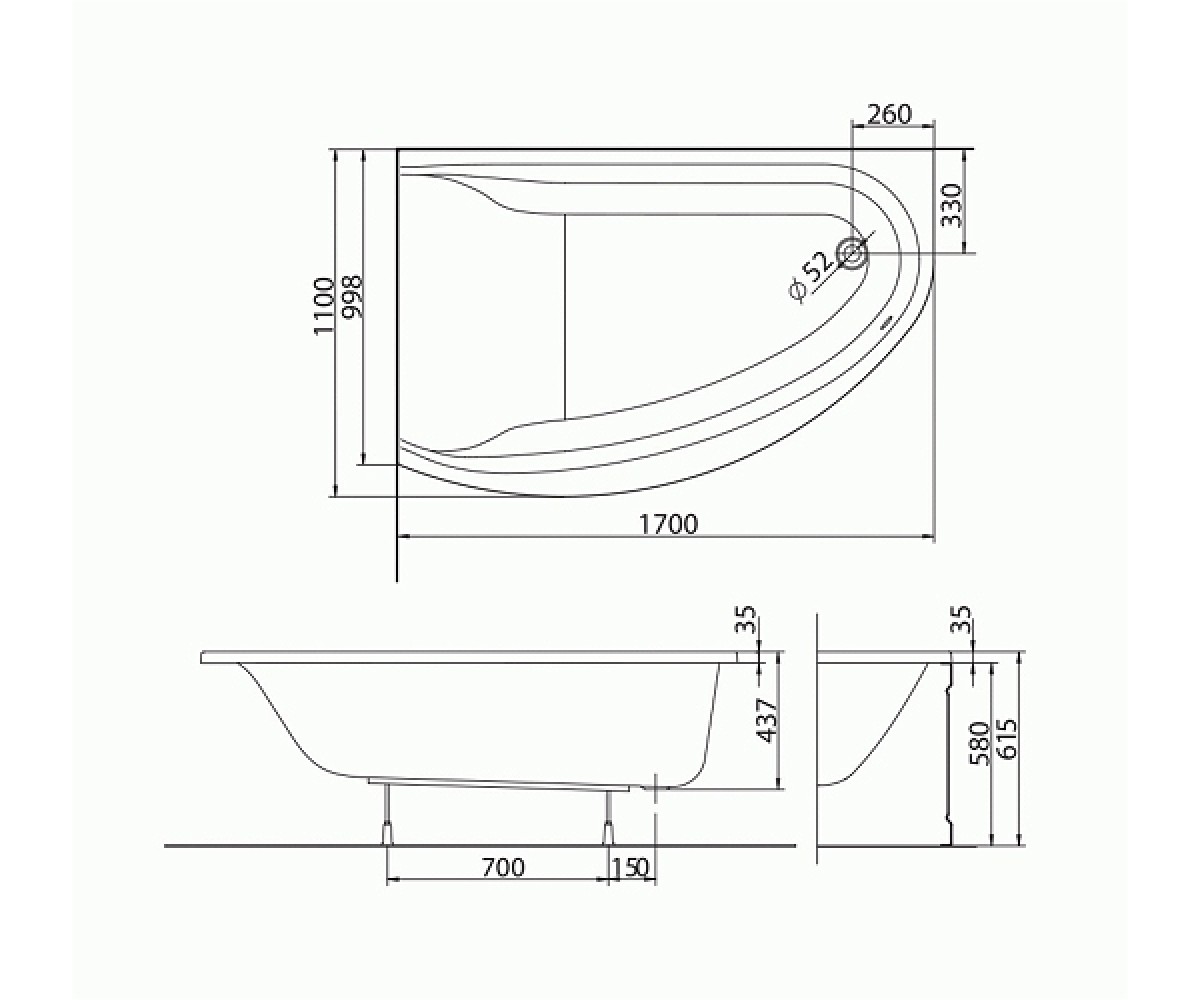Ванна акриловая  MIRRA XWA3371000:Чертеж 