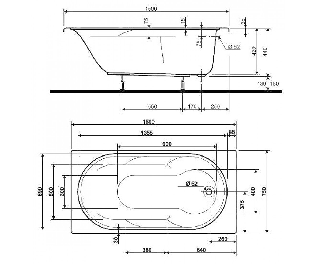 Прямоугольная акриловая ванна  LAGUNA XWP0350000:Чертеж 