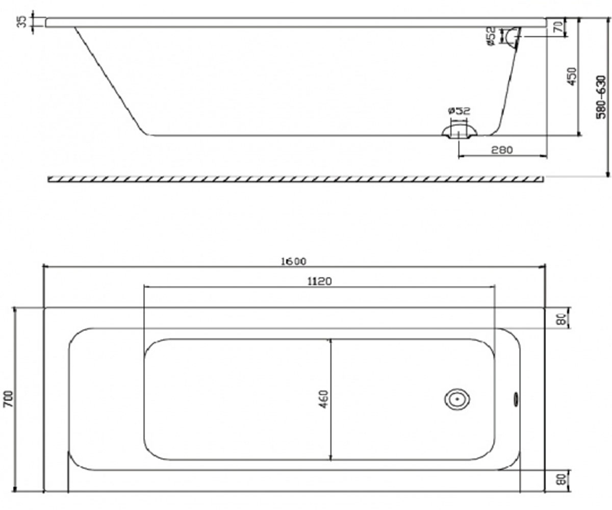 Ванна акриловая 160х70 см  MODO XWP1160000:Чертеж 