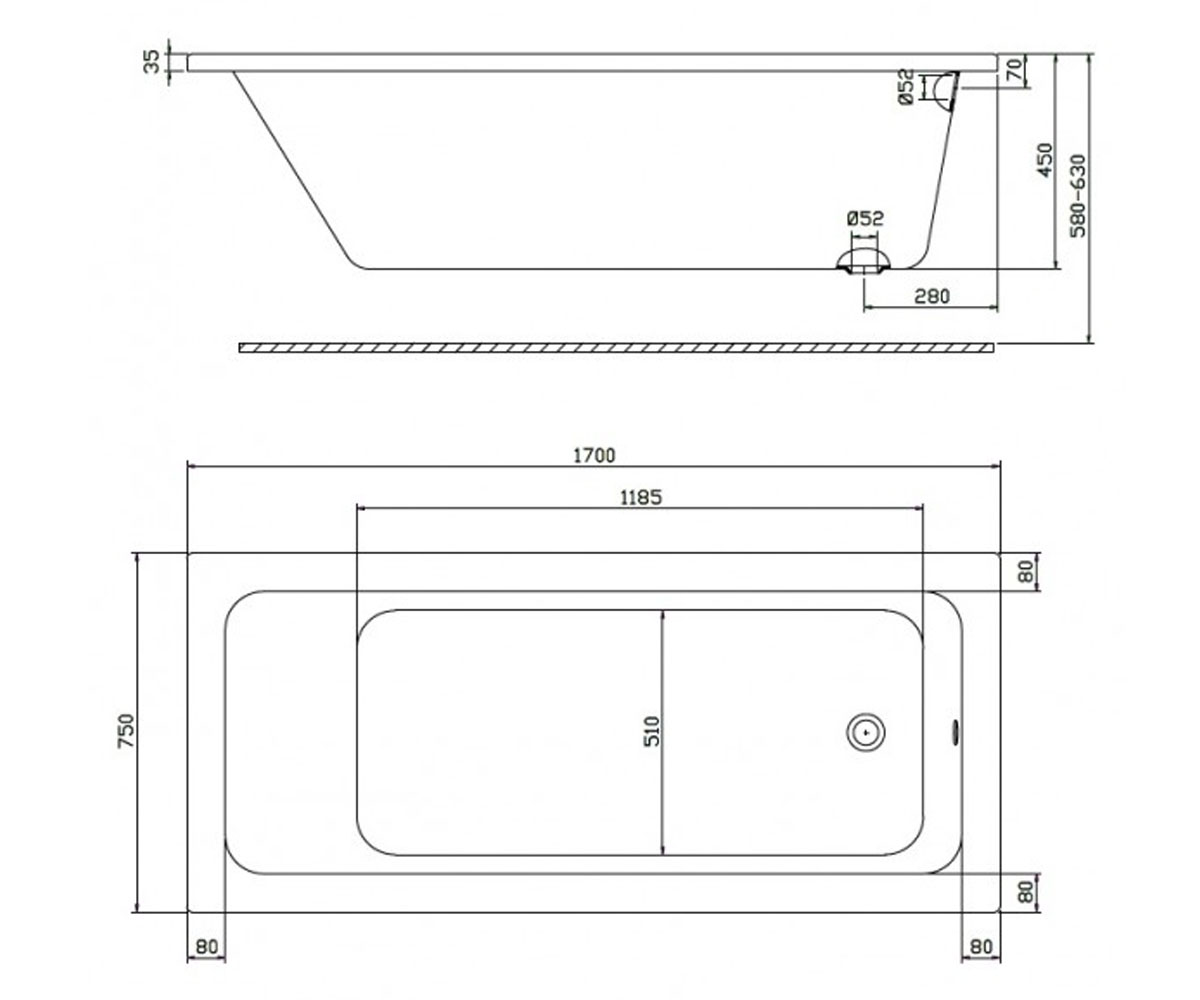 Ванна акриловая 170х75  MODO XWP1170000:Чертеж 