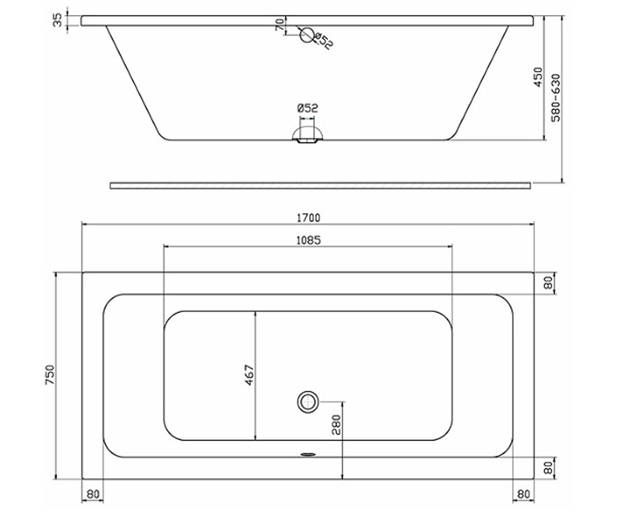 Ванна прямоугольная 170х75 см  MODO XWP1171000:Чертеж 