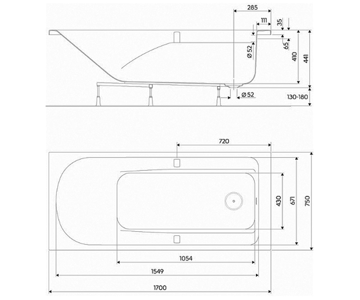 Ванна 170х75 см  COMFORT PLUS XWP1471000:Чертеж 