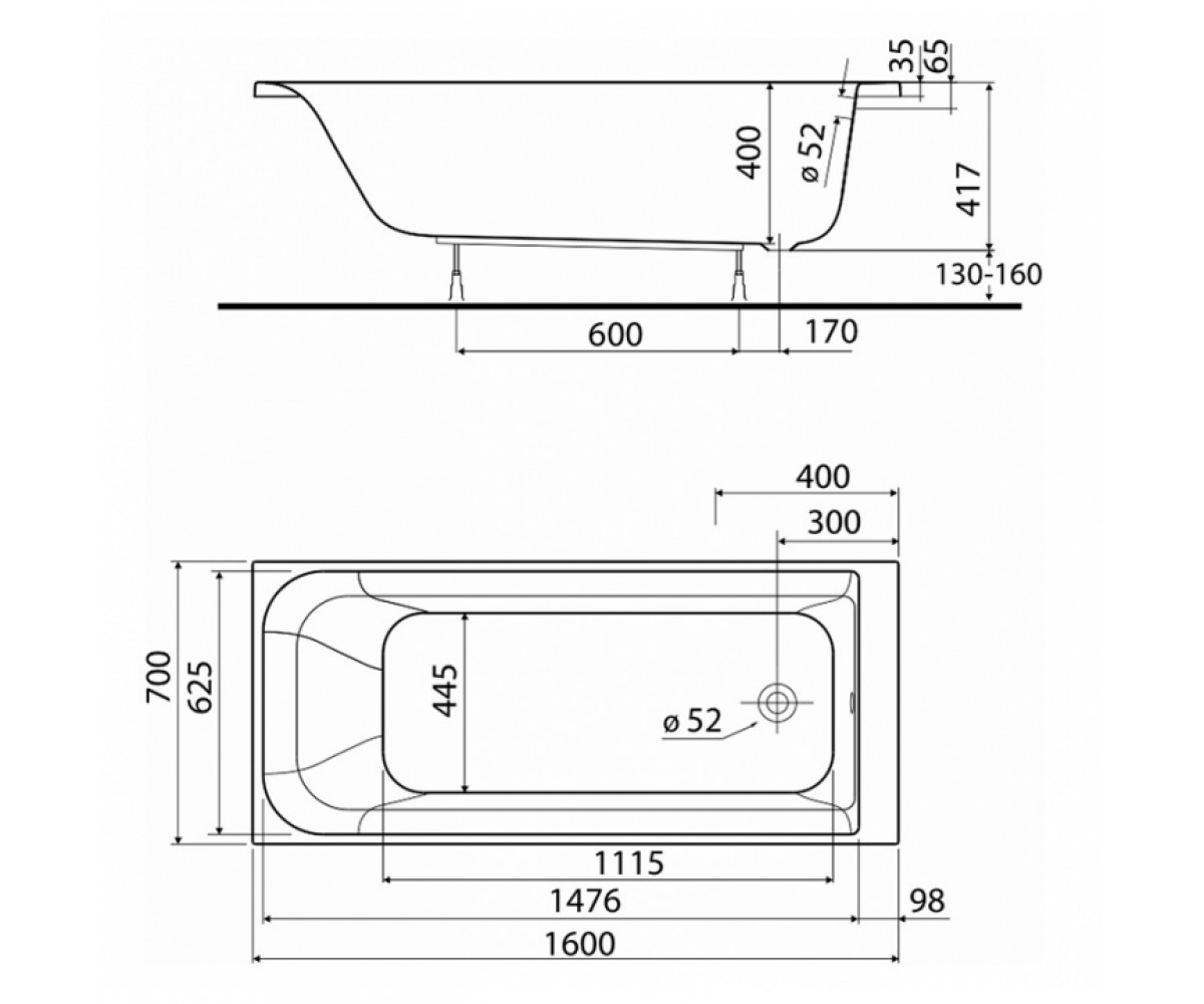 Ванна пристенная  REKORD XWP3660000N:Чертеж 