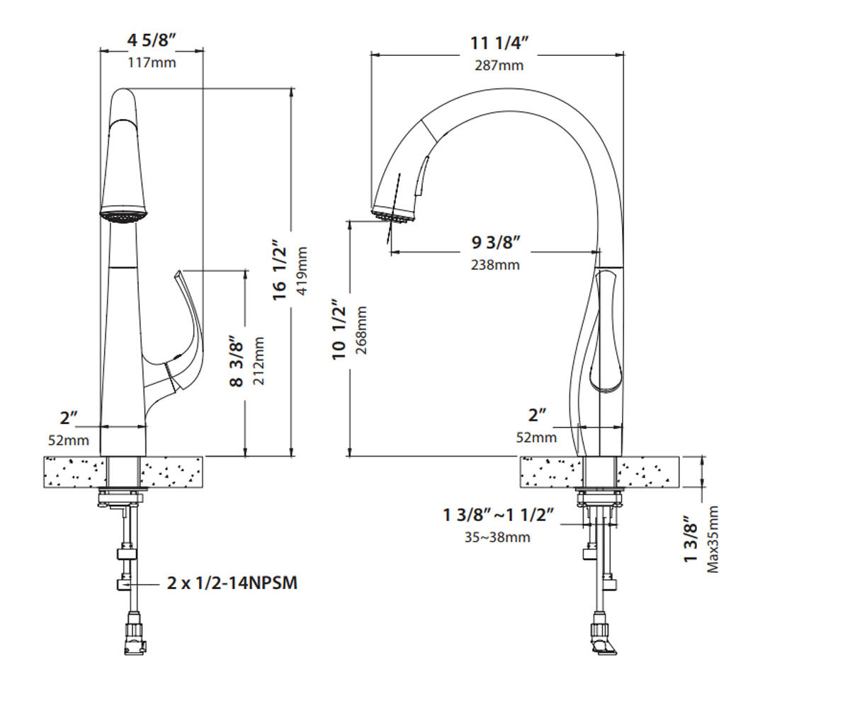 Смеситель с лейкой  ANSEL KPF-1675-CH:Чертеж 