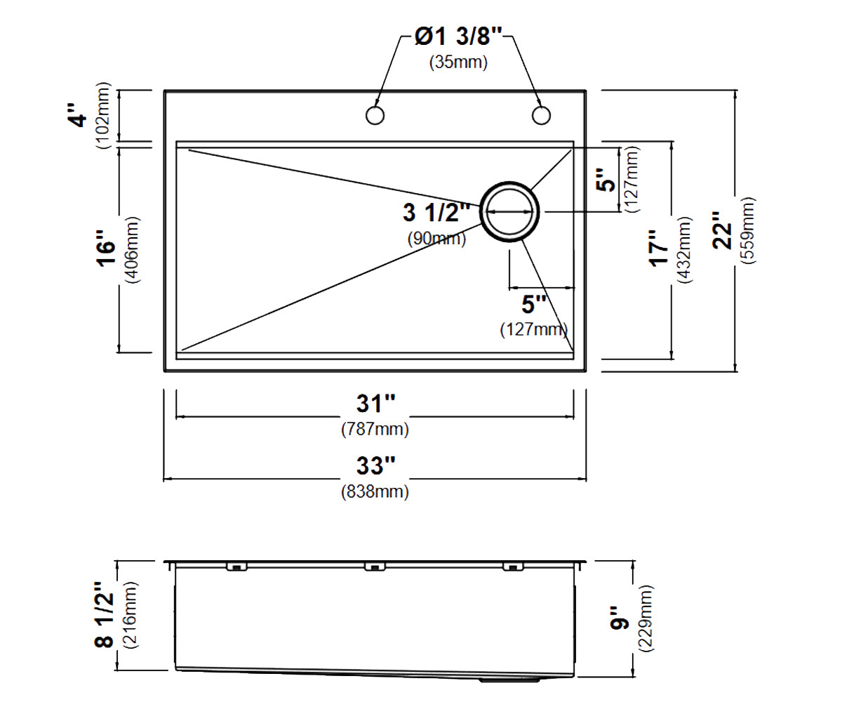 Кухонная мойка  KORE KWT310-33/PGM:Чертеж 