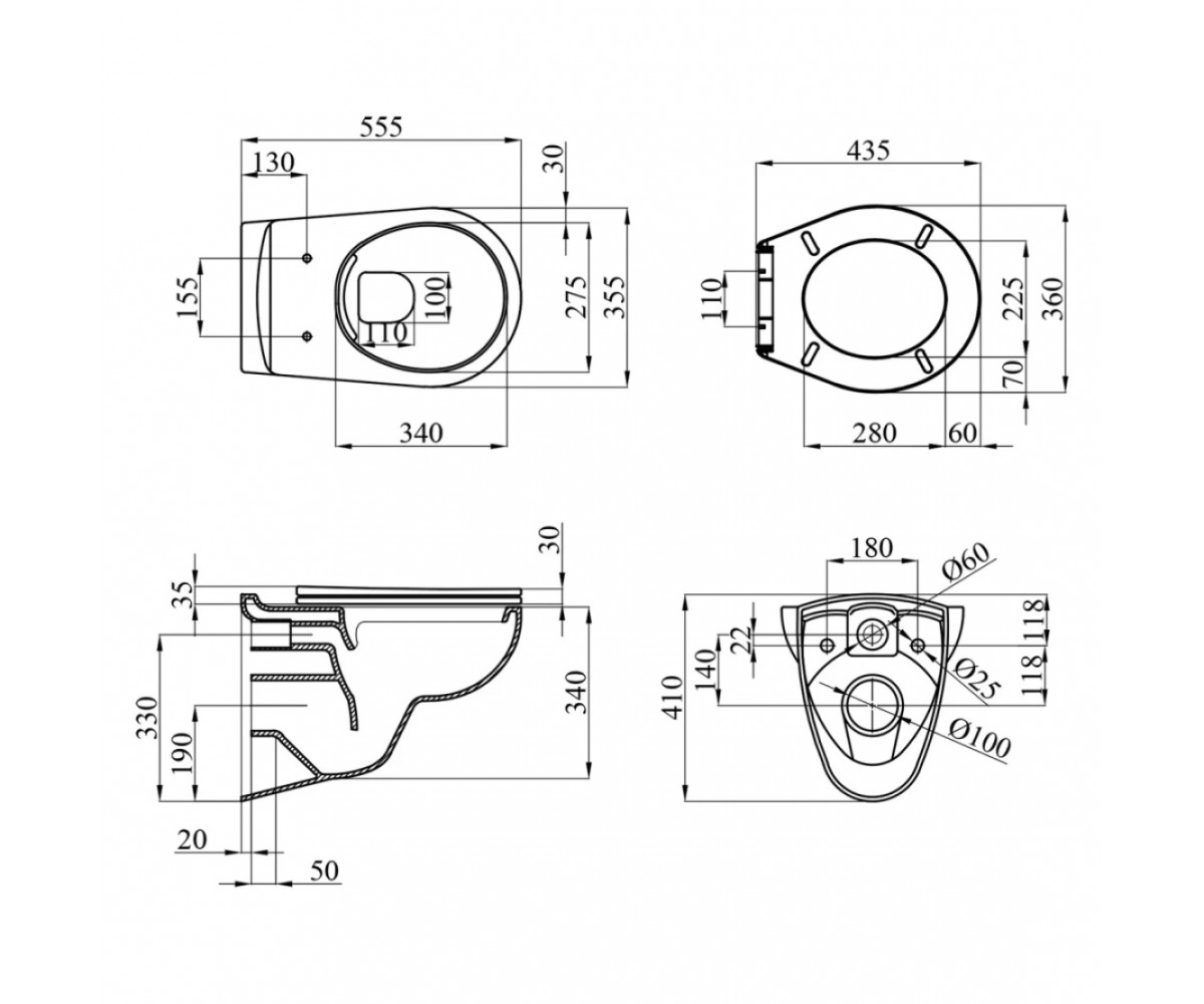 Чаша подвесного унитаза с сиденьем  RIMLESS A534UF:Чертеж 
