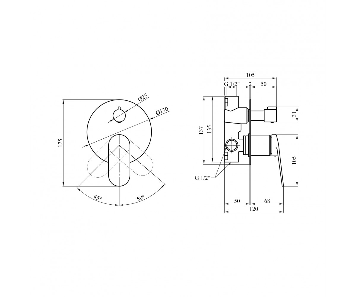 Змішувач прихованого монтажу для душу Kroner Element 211337-0101  ELEMENT 211337-0101:Чертеж 