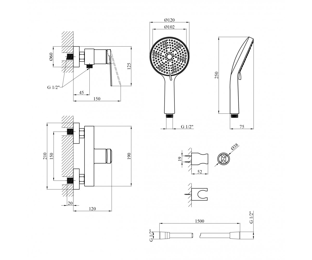 Змішувач для душу Kroner Element 211411-3801  ELEMENT 211411-3801:Чертеж 